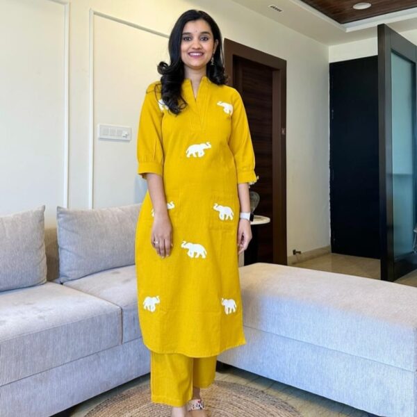 Ethnic Stylish Top Pant set khadi yellow