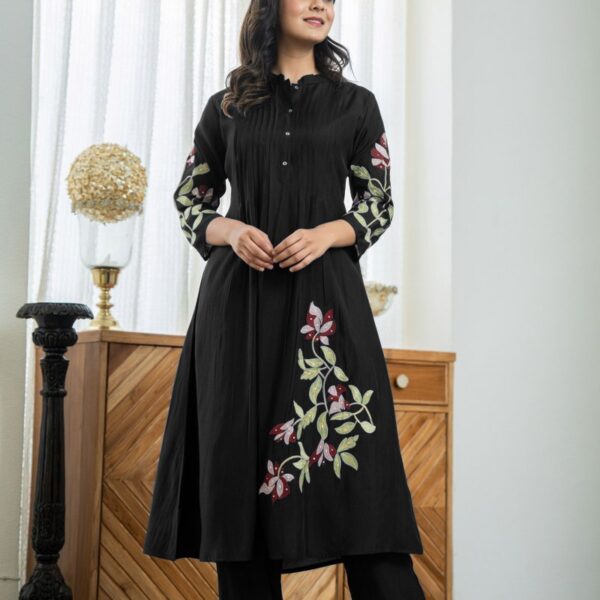 Beautiful Pure Cotton Fabric Pleated Pattern Kurta Black Color