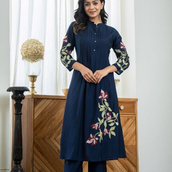 Beautiful Pure Cotton Fabric Pleated Pattern Kurta Blue Color