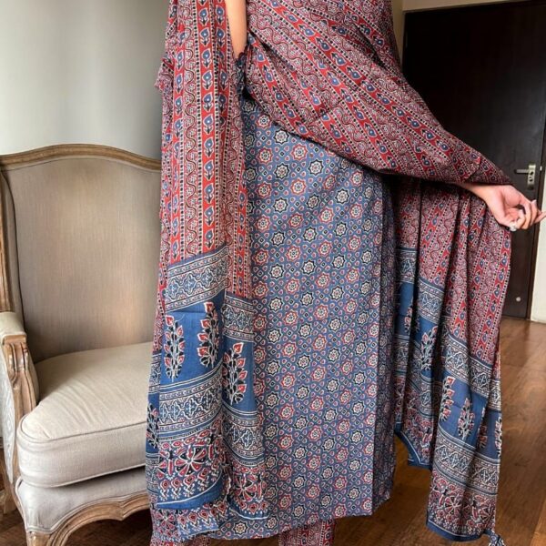 traditional ajrak printed cotton kurti pant duppata set. Beautiful crafted