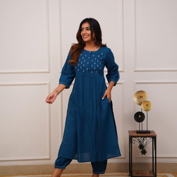 Upgrade your office wear wardrobe with this classy teal blue kurti pant 