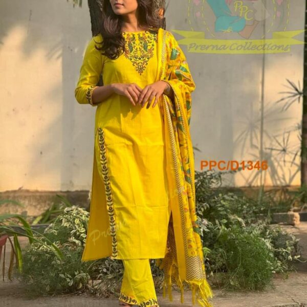 HANDLOOM EMBROIDERY SUIT 3 SET COTTON SLUB PANTS WITH EMBROIDERY WORK