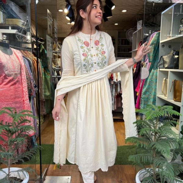 Cotton embroidered kurta with pants and dupatta will make you look the best.