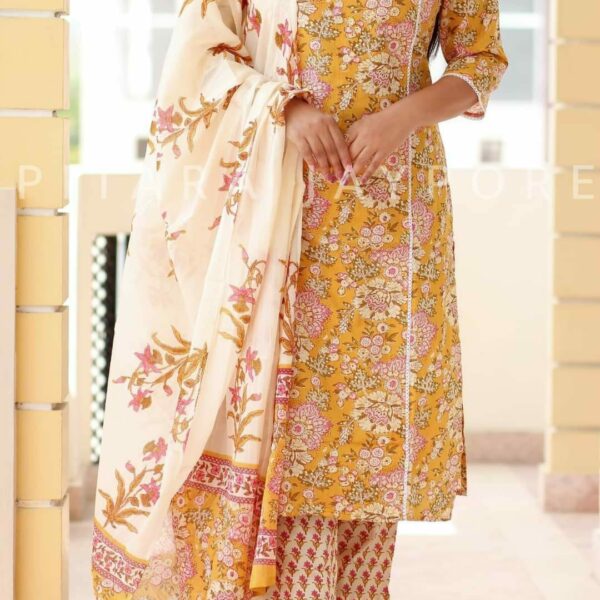 Premium Organic REYON Cotton Angrakha pattern Trendy kurti Pant Dupatta Set with fine lacework On Yoke