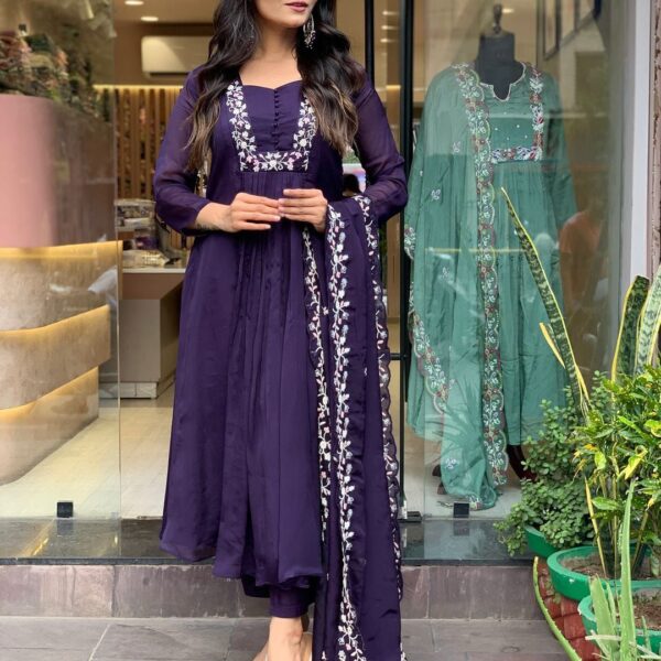 super dyeing kurta with beautiful emb neck yoke & cotton pant with emb full organza dupatta.