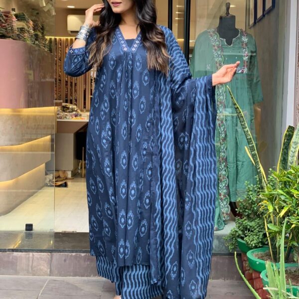 Athira Pure cotton ikkat  suit set with embroidery work all over the neck and sleeves