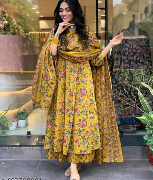 Beautiful hit design anarkali Kurta with hand work detailing on women's printed cotton kurta & pant or dupatta set