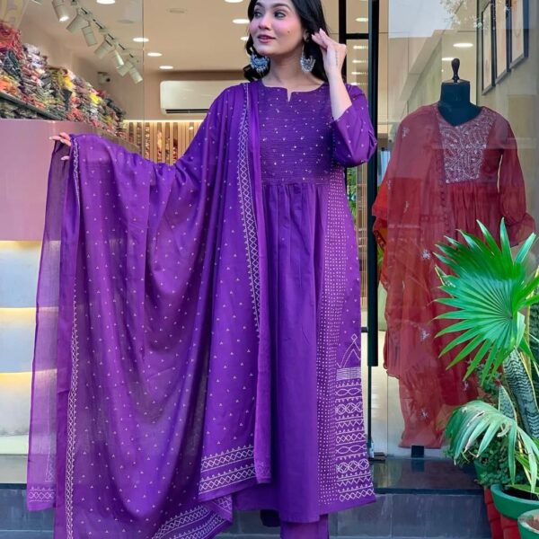 Beautiful Pure Cotan Fabric Sequence Embroidery Work at Yoke + Printed Plated Style Kurti Paired With Pant And Full Printed Dupatta