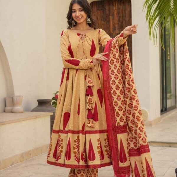 The perfect of traditional wear  New  Anarkali kurta set with new style in sanganeri  print (Copy)