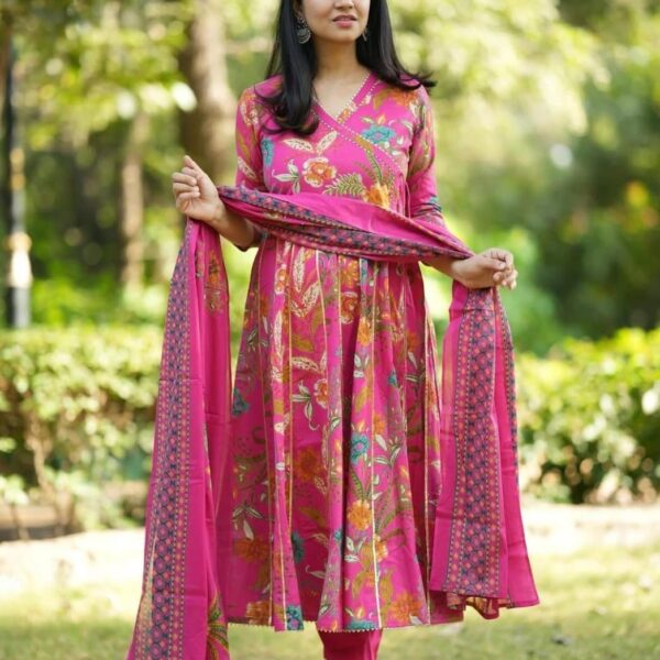 elegance with this lightweight and flowy angrakha pattern Anarkali, adorned with vibrant floral patterns.