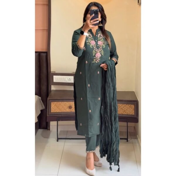 Beautiful pure cotton 60-60 super dying embroidery suit set paired up with cotton pant and mal mal cotton dupatta with tussles.
